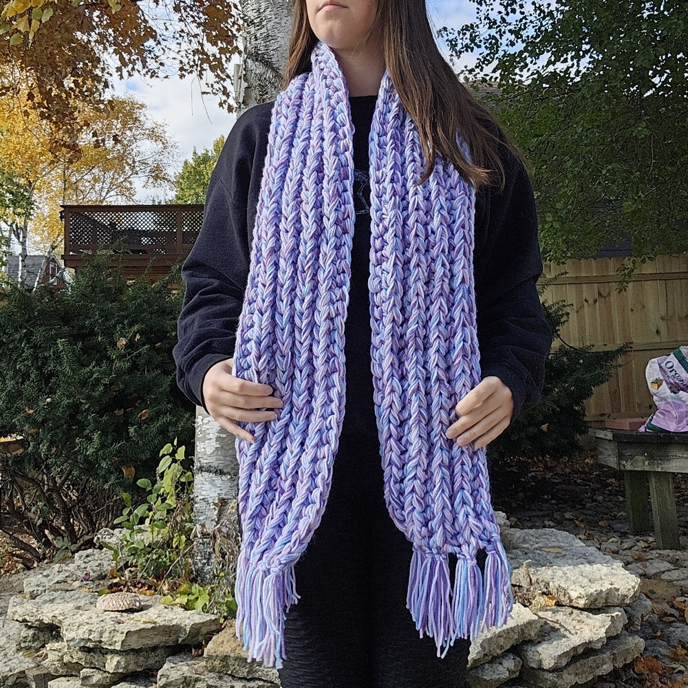 Handmade Chunky Crochet Purple And Blue Scarf - Picture 3 of 3